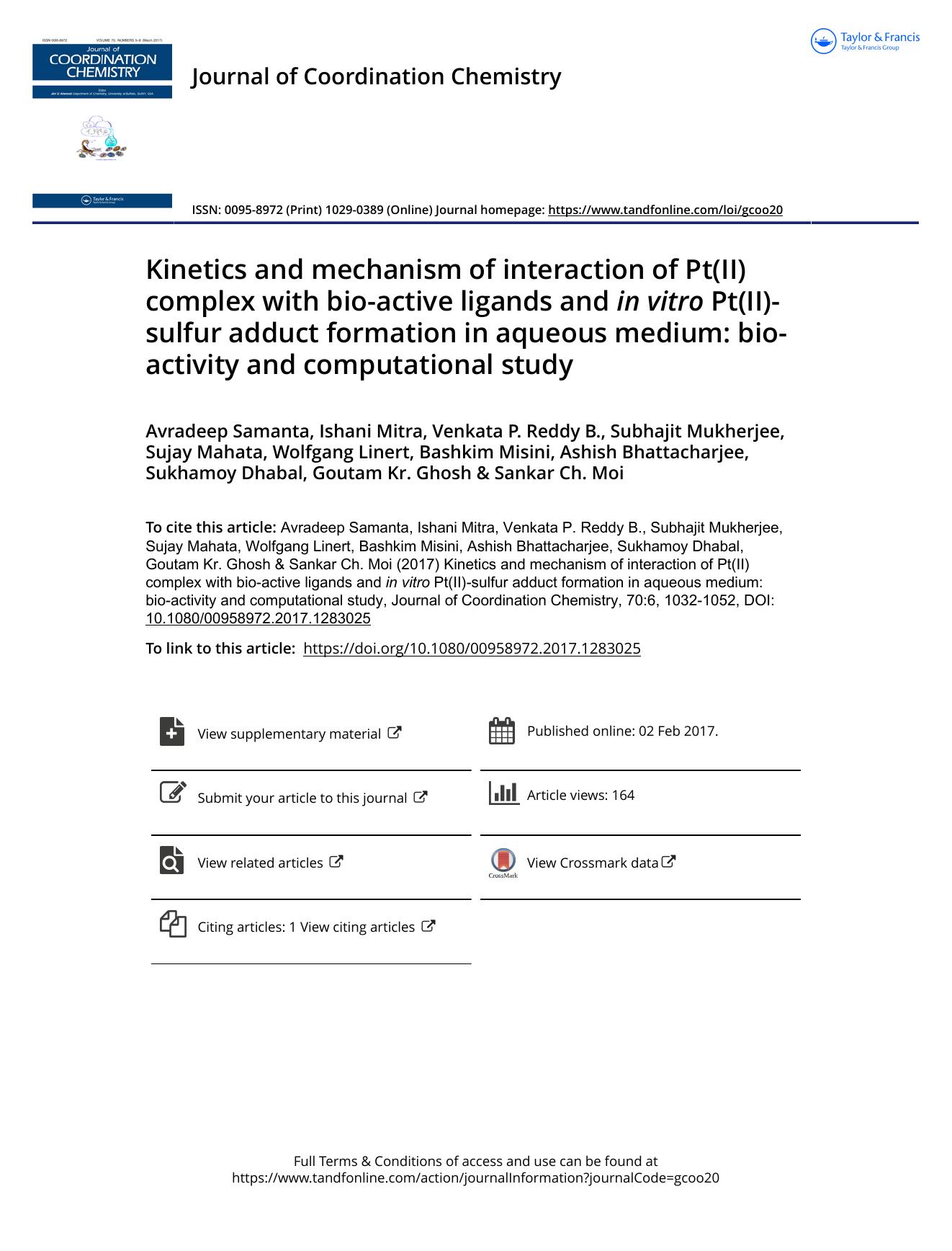 Kinetics and mechanism of interaction of Pt(II) complex with bio-active ligands and in vitro Pt(II)-sulfur adduct formation in aqueous medium: bio-activity and computational study by unknow