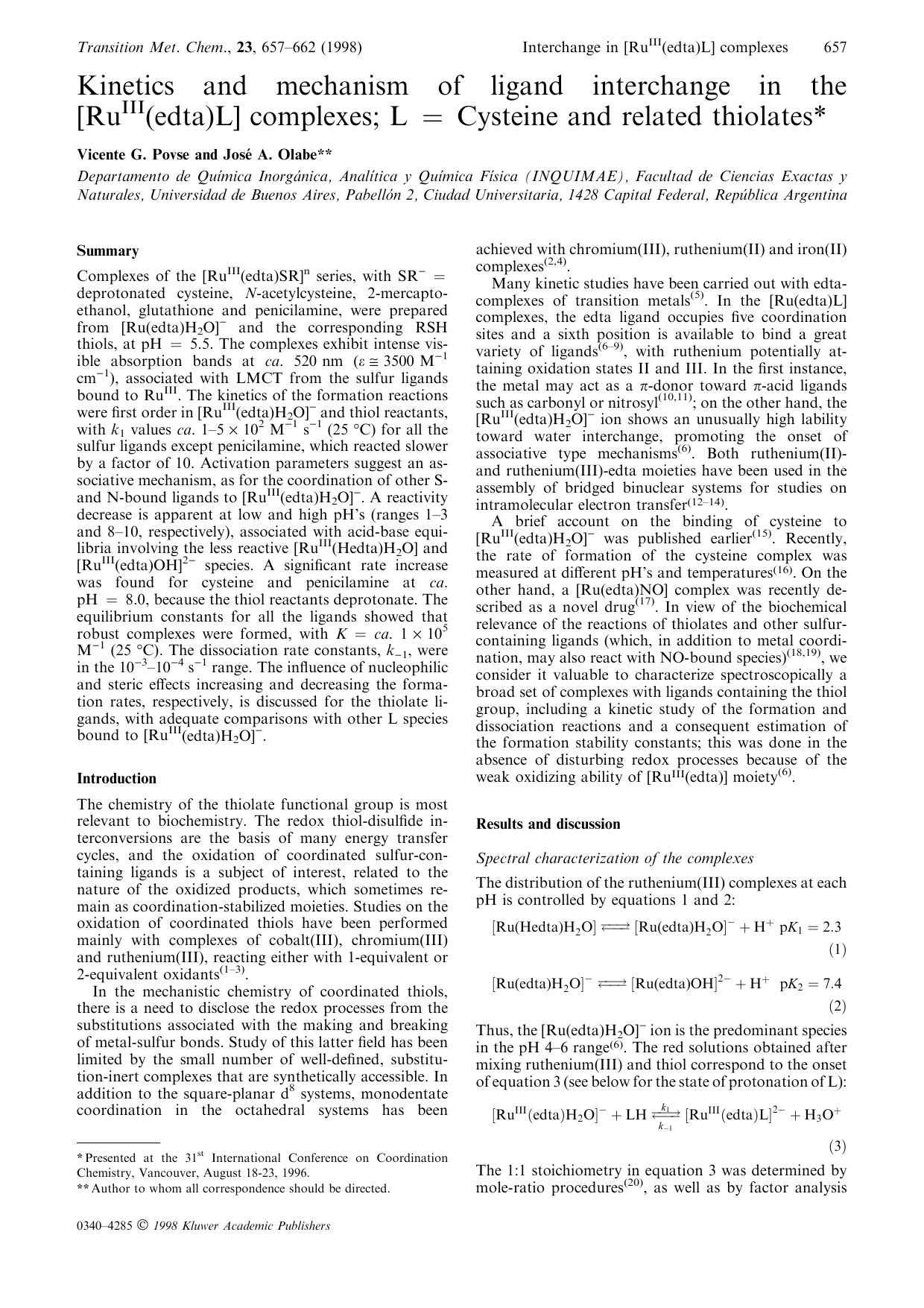 Kinetics and mechanism of ligand interchange in the [RuIII(edta)L] complexes; L=Cysteine and related thiolates by Unknown
