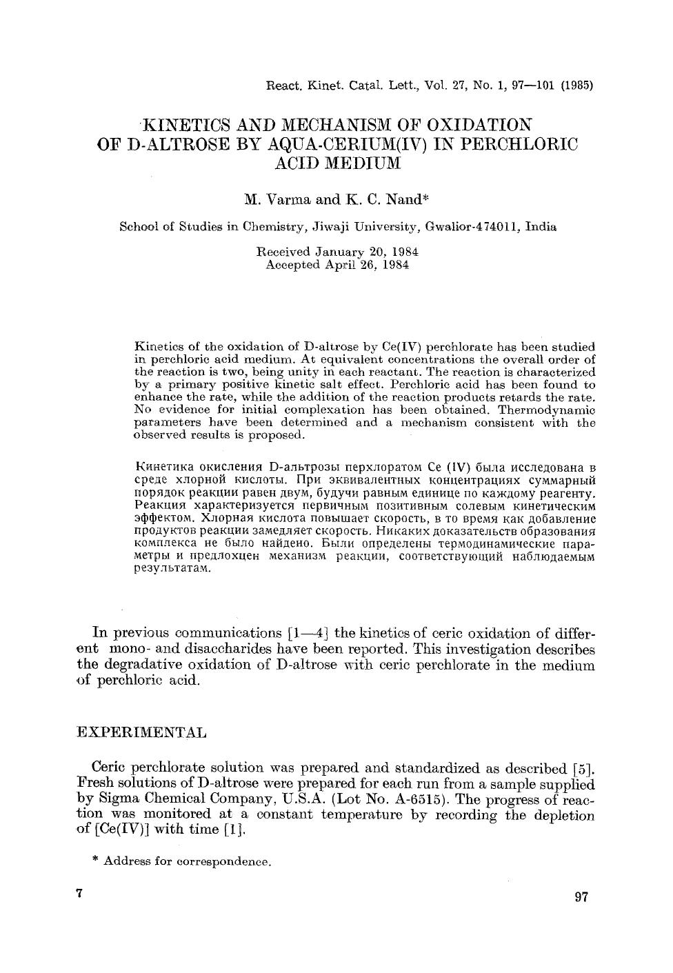 Kinetics and mechanism of oxidation of D-altrose by aqua-cerium(IV) in perchloric acid medium by Unknown
