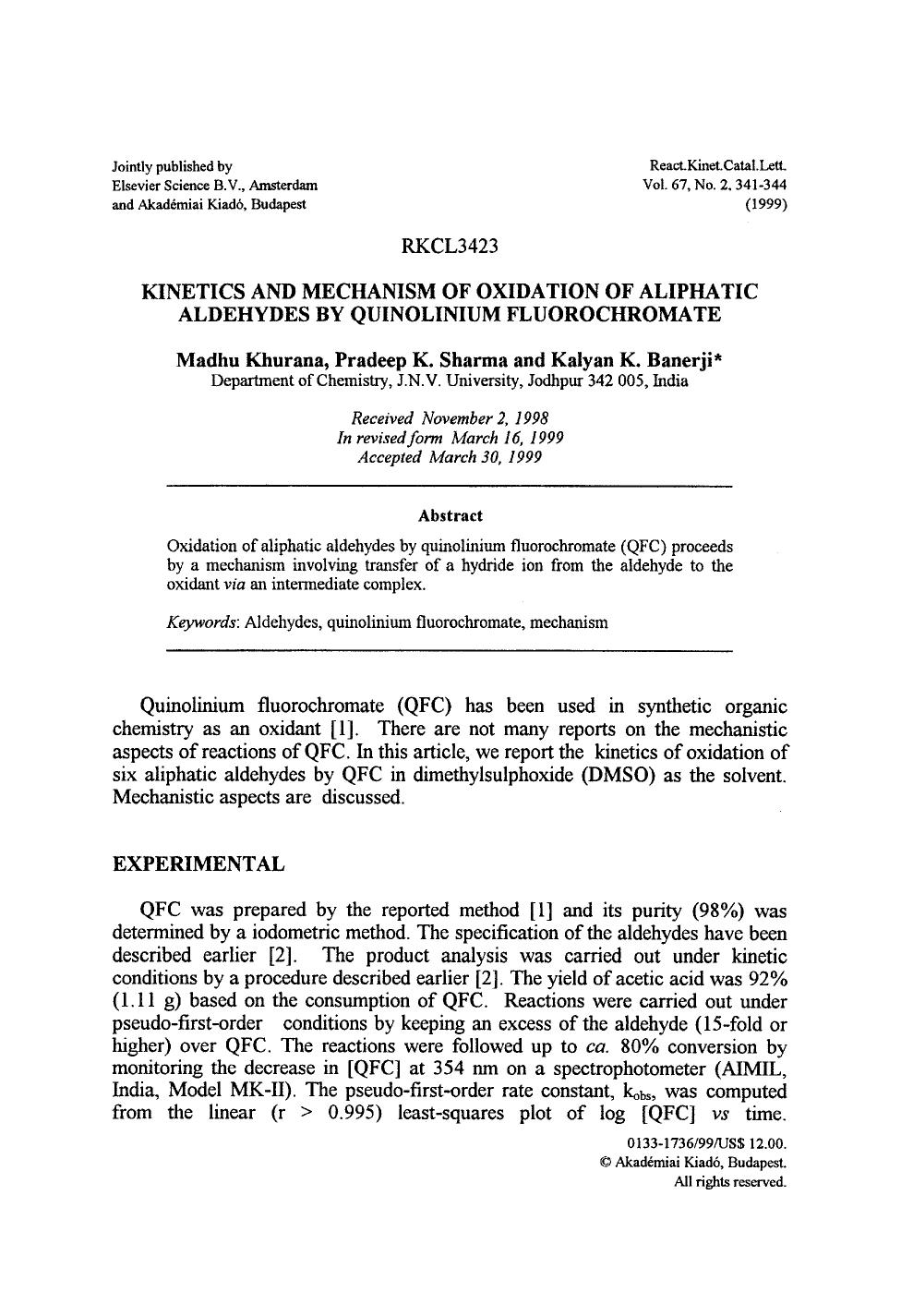 Kinetics and mechanism of oxidation of aliphatic aldehydes by quinolinium fluorochromate by Unknown
