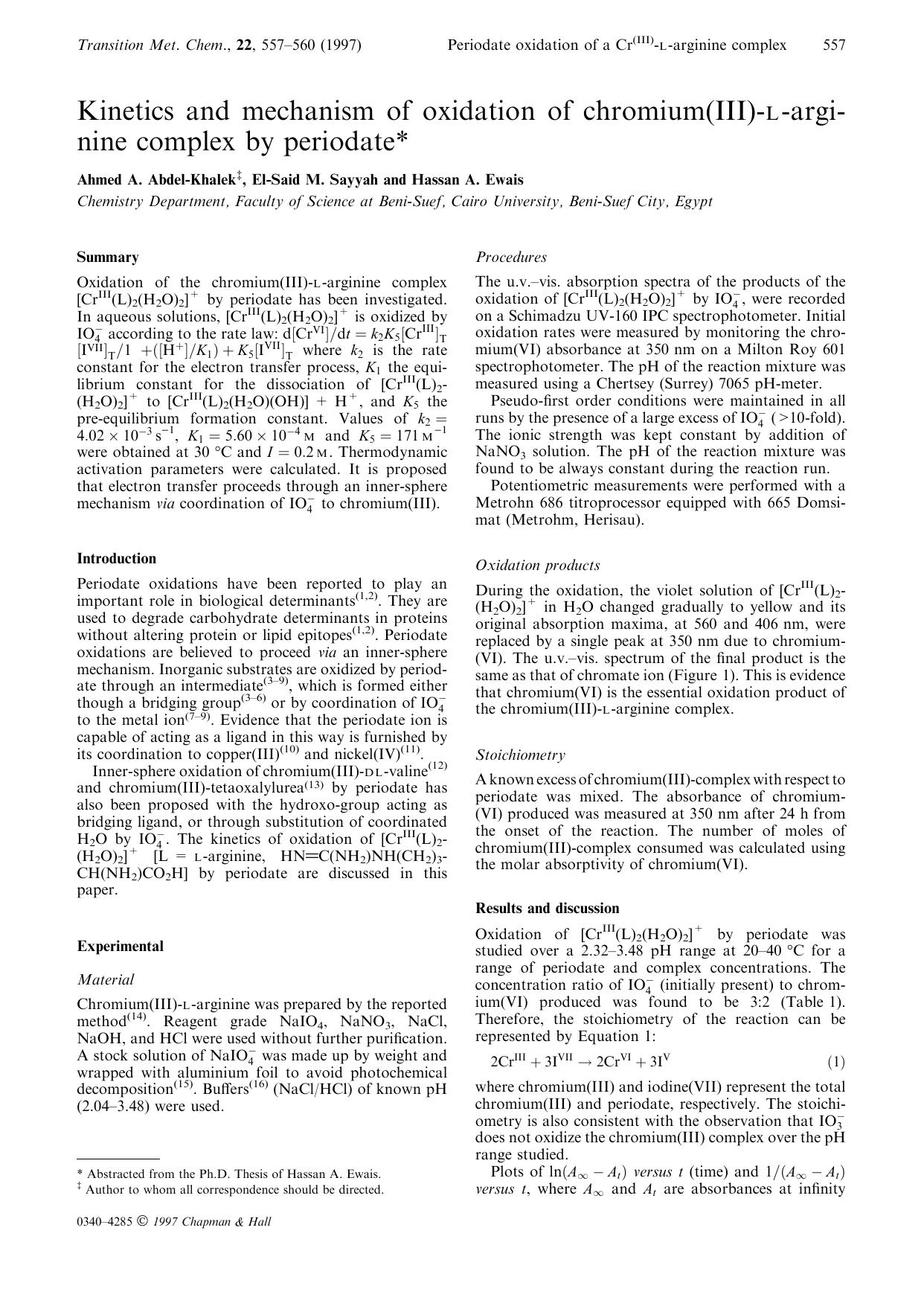 Kinetics and mechanism of oxidation of chromium(III)-l-arginine complex by periodate by Unknown