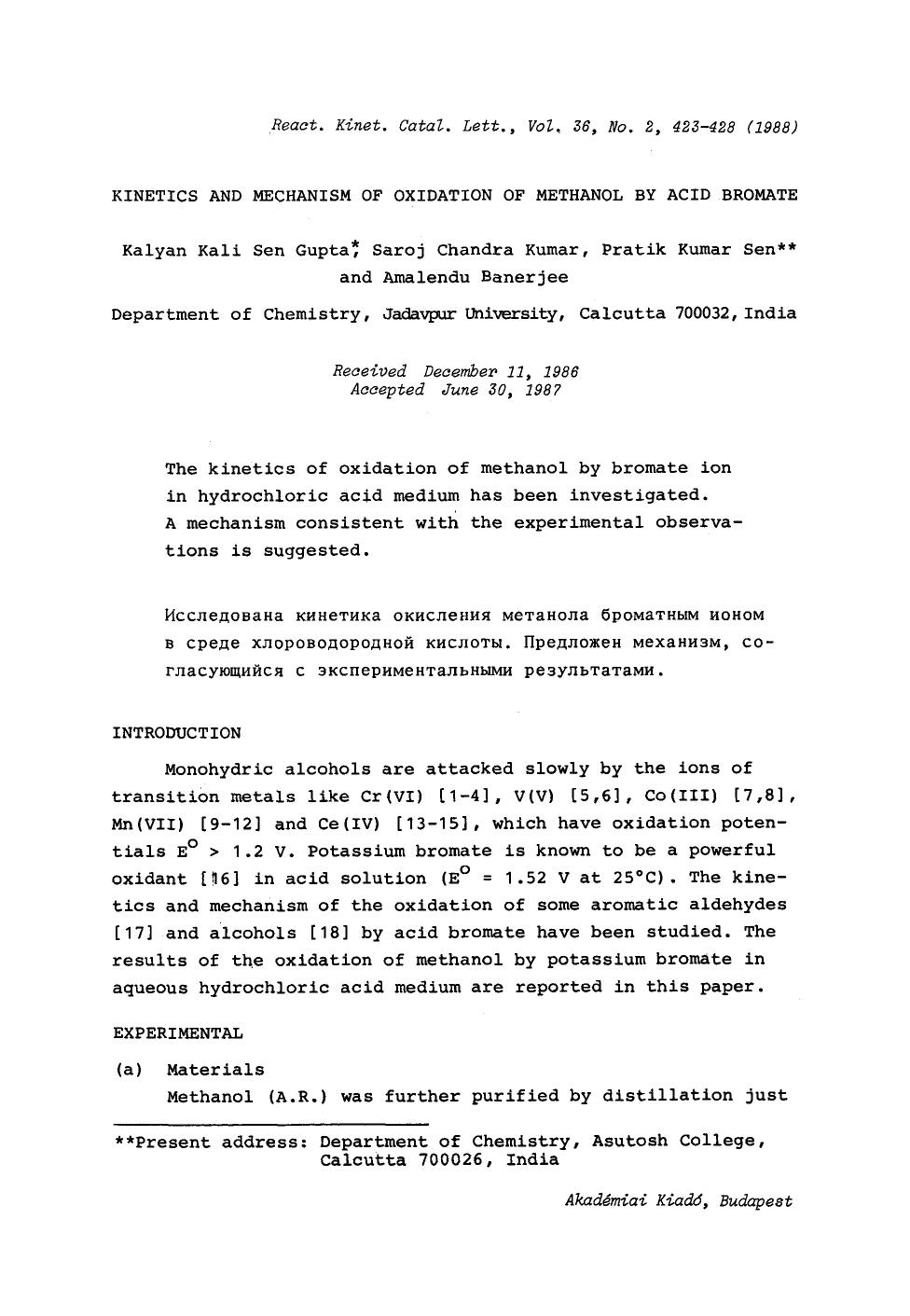 Kinetics and mechanism of oxidation of methanol by acid bromate by Unknown