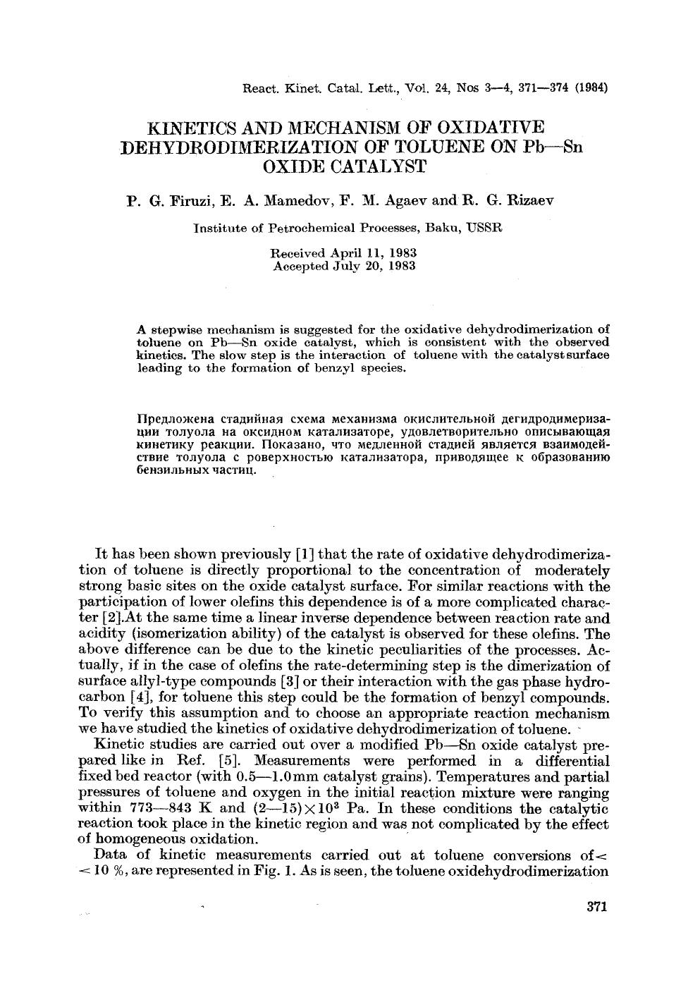 Kinetics and mechanism of oxidative dehydrodimerization of toluene on Pb&#x2212;Sn oxide catalyst by Unknown
