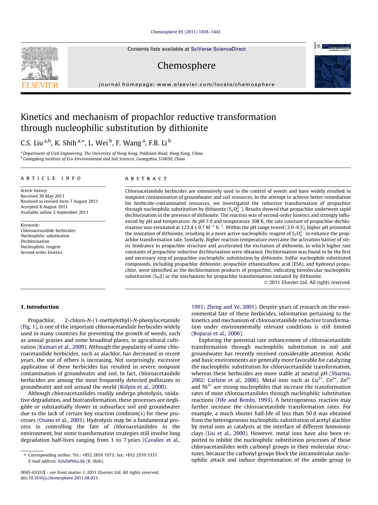 Kinetics and mechanism of propachlor reductive transformation through nucleophilic substitution by dithionite by C.S. Liu & K. Shih & L. Wei & F. Wang & F.B. Li