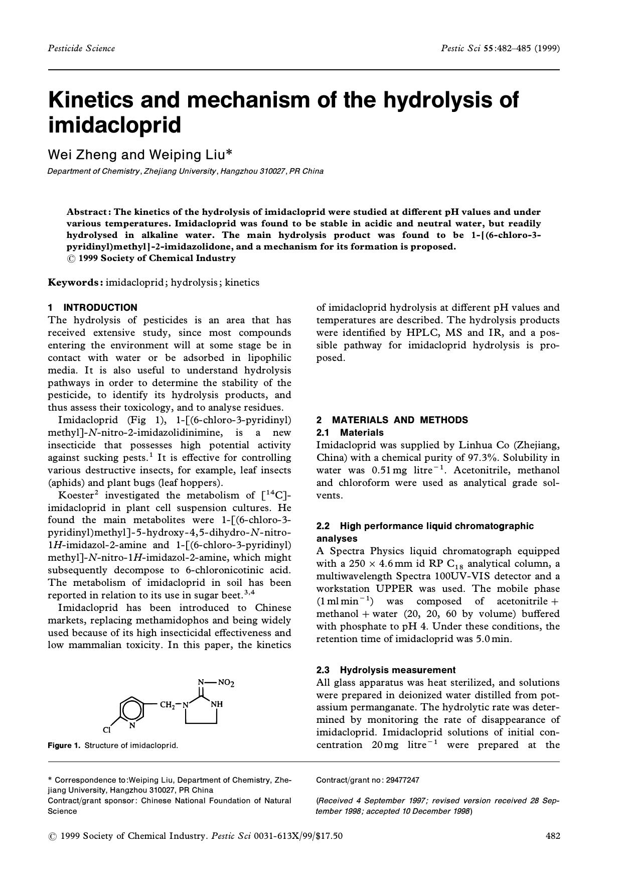 Kinetics and mechanism of the hydrolysis of imidacloprid by Unknown