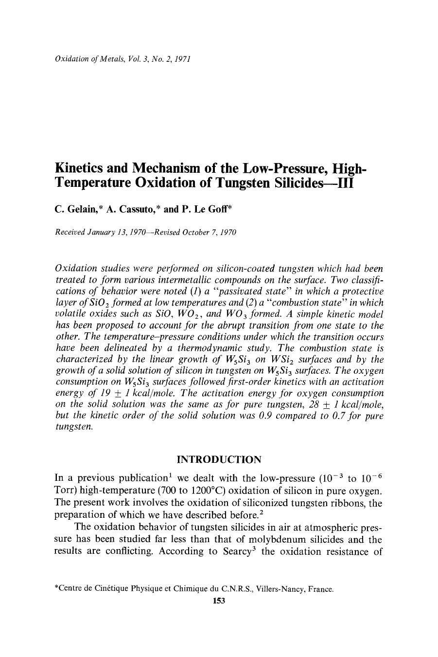 Kinetics and mechanism of the low-pressure, high-temperature oxidation of tungsten silicides-III by Unknown