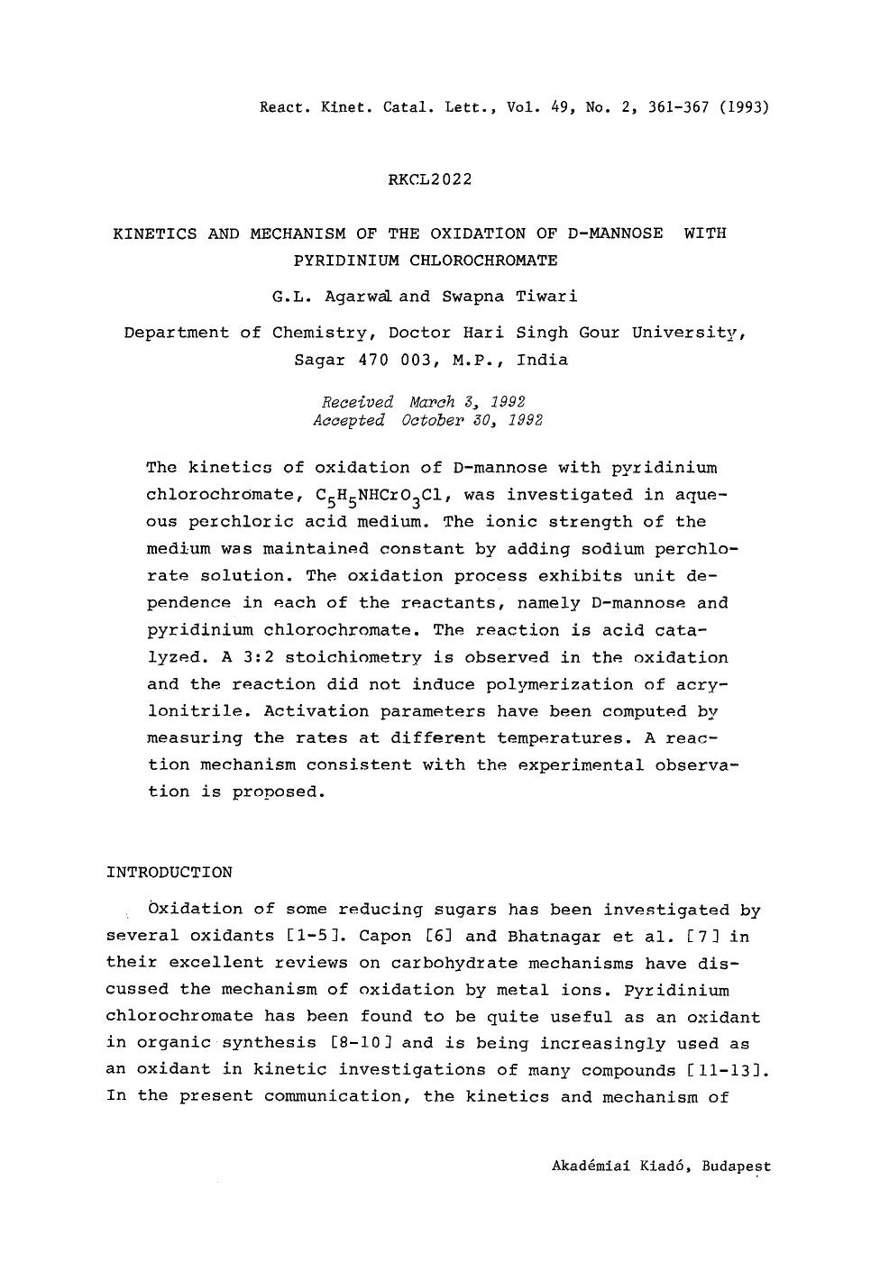 Kinetics and mechanism of the oxidation of d-mannose with pyridinium chlorochromate by Unknown
