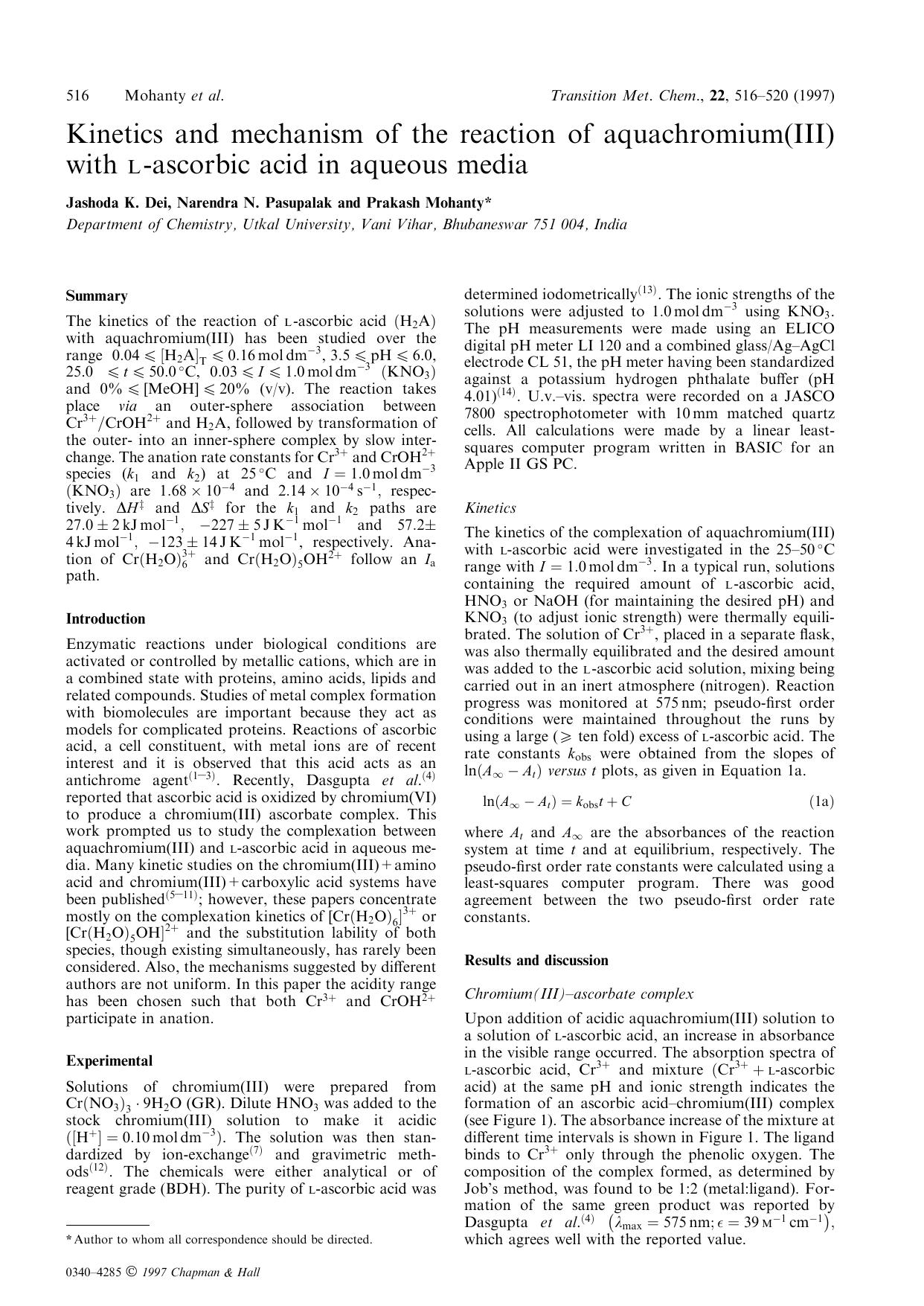 Kinetics and mechanism of the reaction of aquachromium(III) with l-ascorbic acid in aqueous media by Unknown