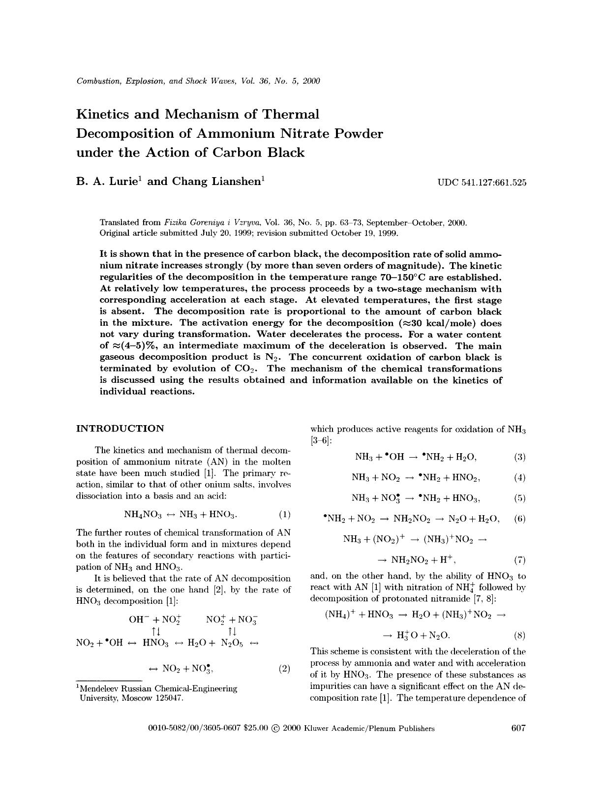 Kinetics and mechanism of thermal decomposition of ammonium nitrate powder under the action of carbon black by Unknown