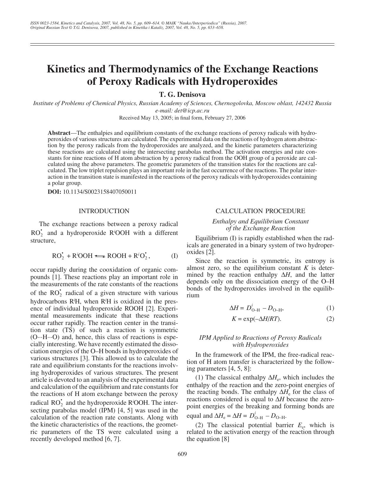 Kinetics and thermodynamics of the exchange reactions of peroxy radicals with hydroperoxides by Unknown