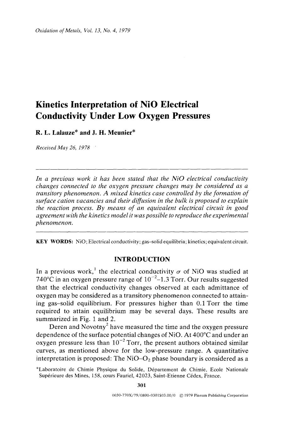 Kinetics interpretation of NiO electrical conductivity under low oxygen pressures by Unknown