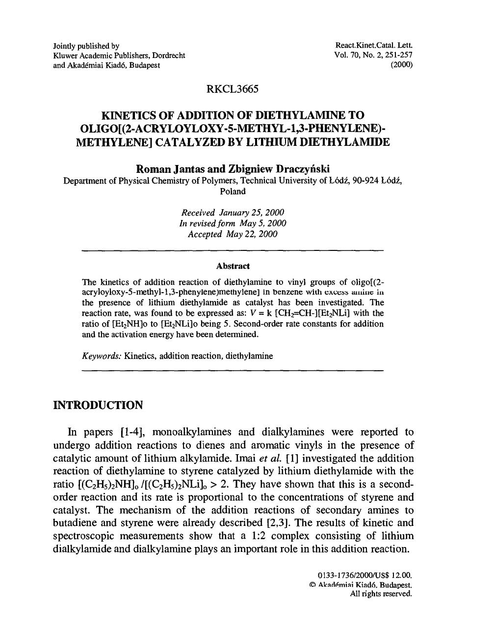 Kinetics of Addition of Diethylamine to Oligo[(2-Acryloyloxy-5-Methyl-1,3-Phenylene)-Methylene] Catalyzed by Lithium Diethylamide by Unknown