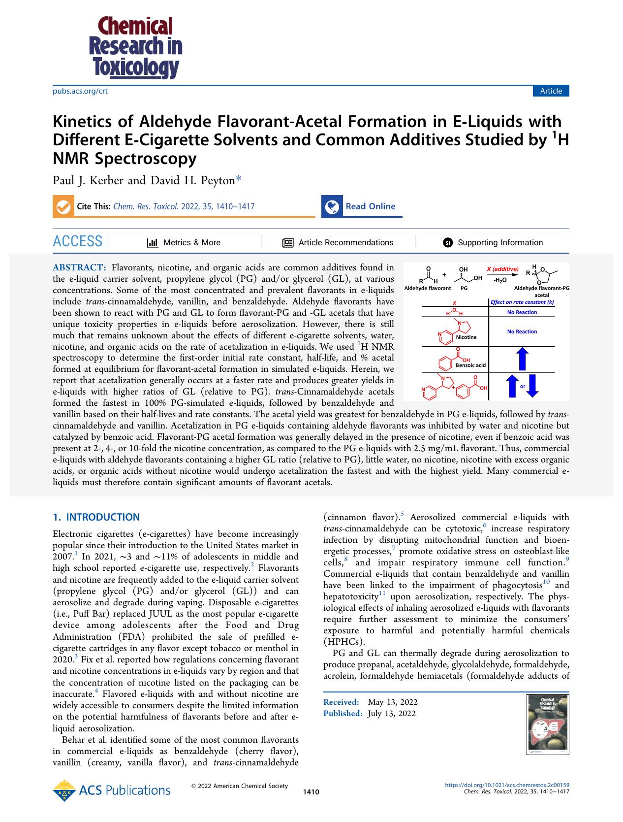 Kinetics of Aldehyde Flavorant-Acetal Formation in E-Liquids with Different E-Cigarette Solvents and Common Additives Studied by 1H NMR Spectroscopy by Paul J. Kerber and David H. Peyton