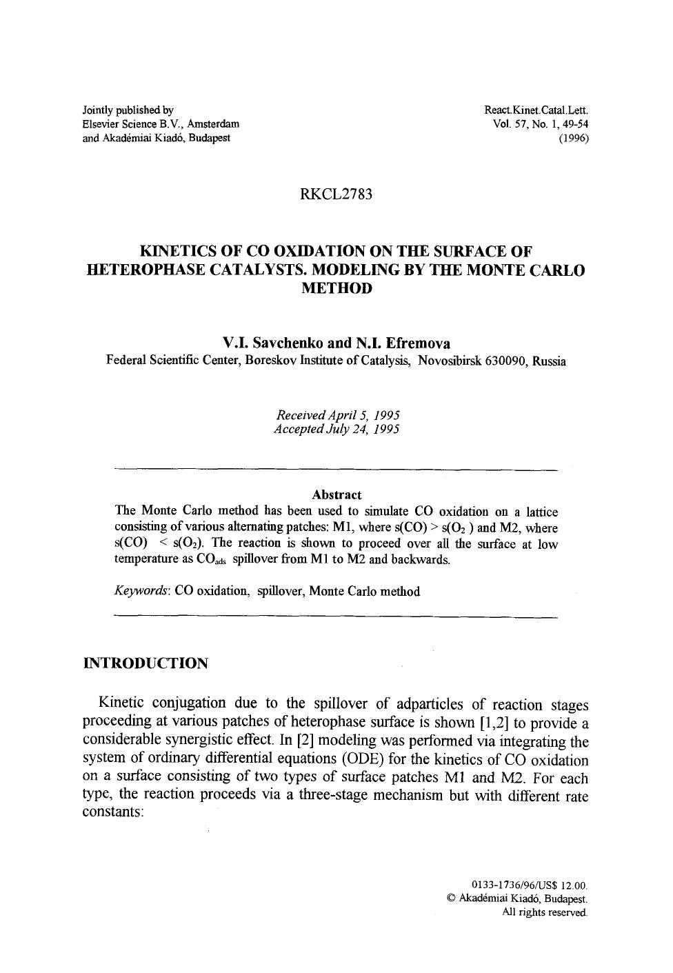 Kinetics of CO oxidation on the surface of heterophase catalysts. Modeling by the Monte Carlo method by Unknown