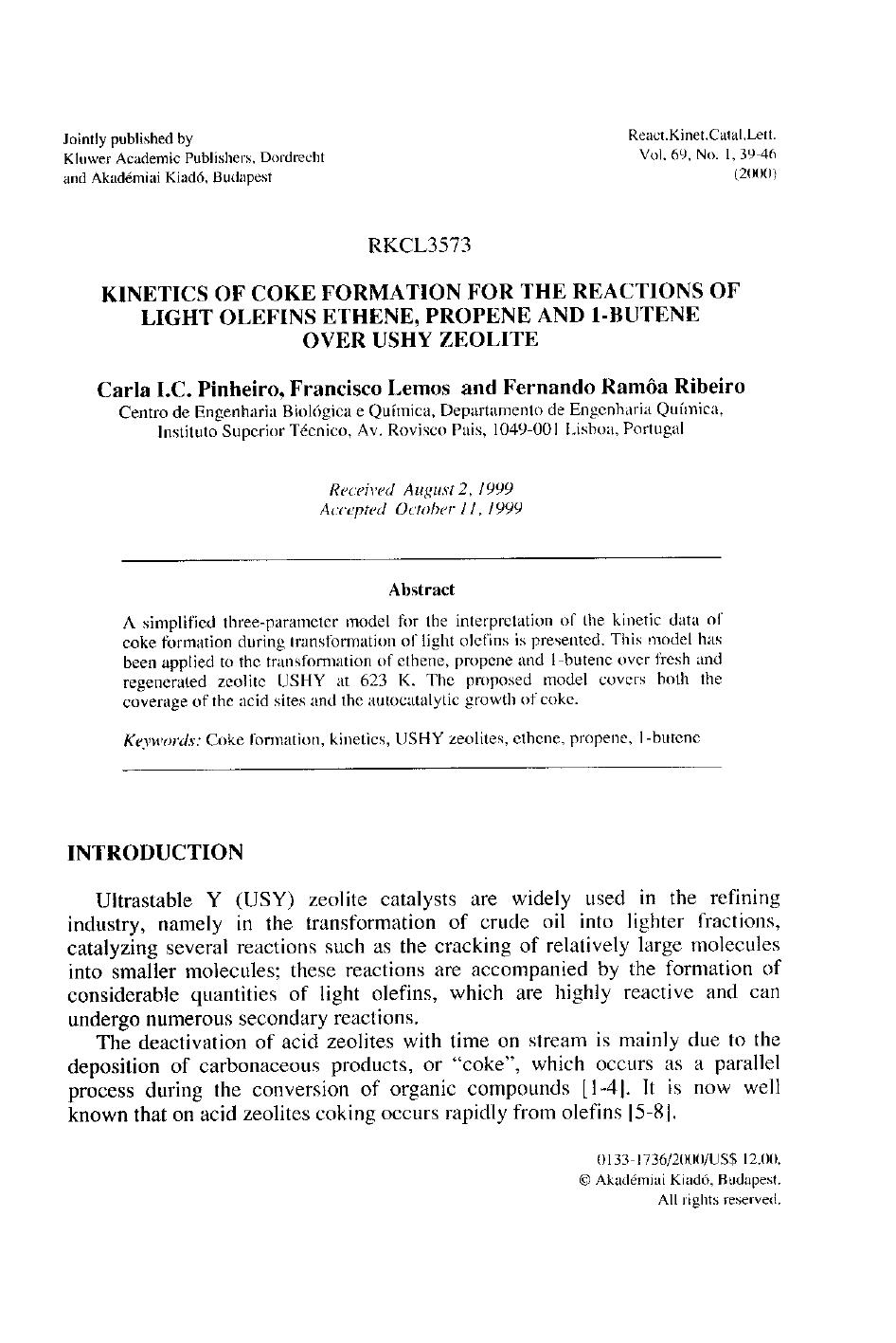 Kinetics of Coke Formation for the Reactions of Light Olefins Ethene, Propene and 1-Butene Over Ushy Zeolite by Unknown