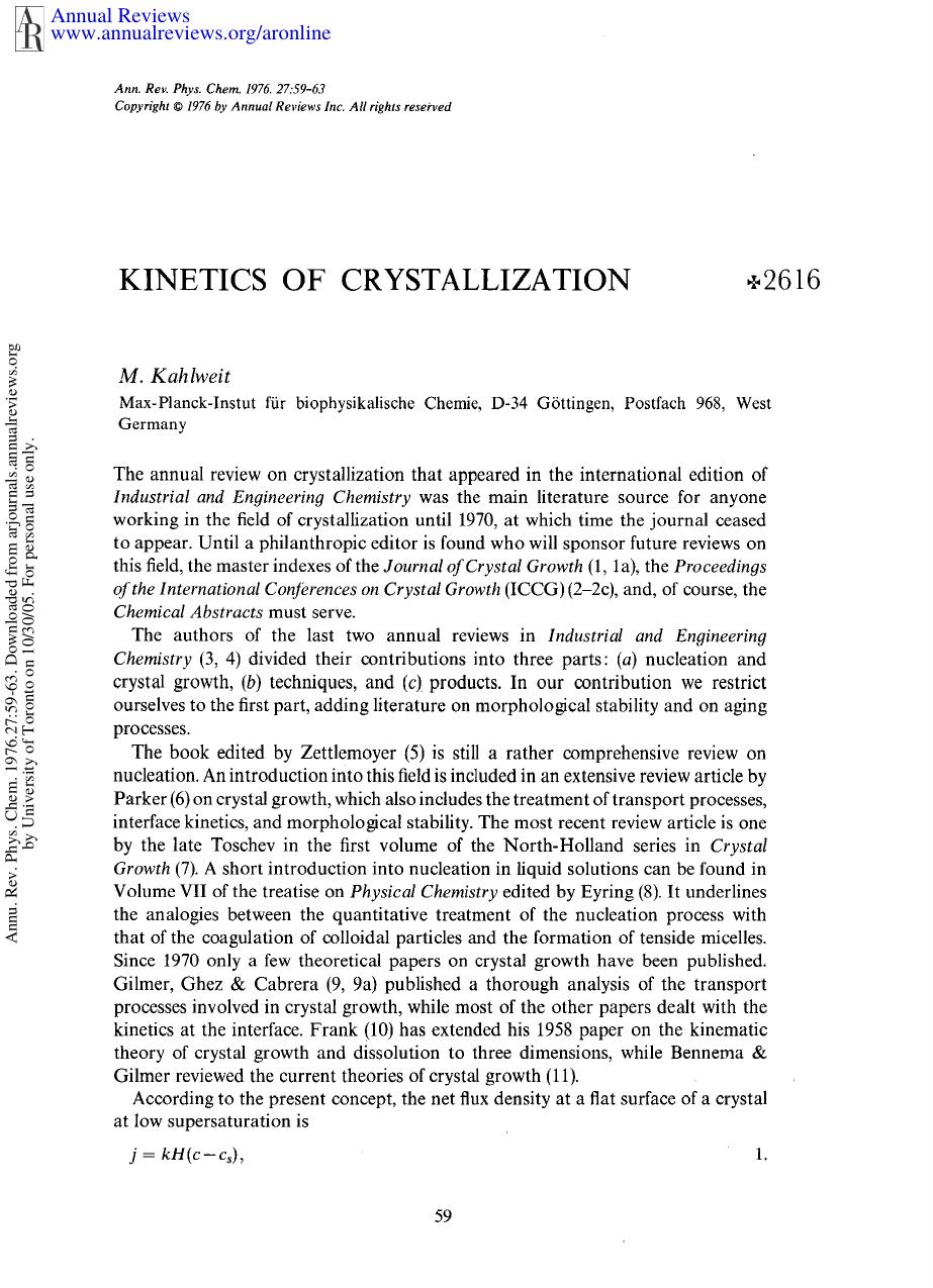 Kinetics of Crystallization by M Kahlweit