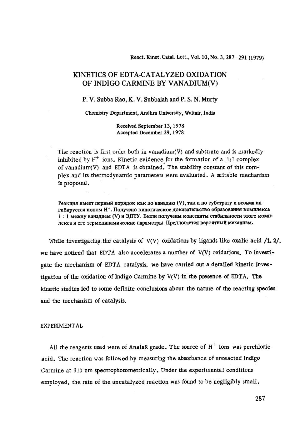 Kinetics of EDTA-catalyzed oxidation of Indigo Carmine by vanadium(V) by Unknown