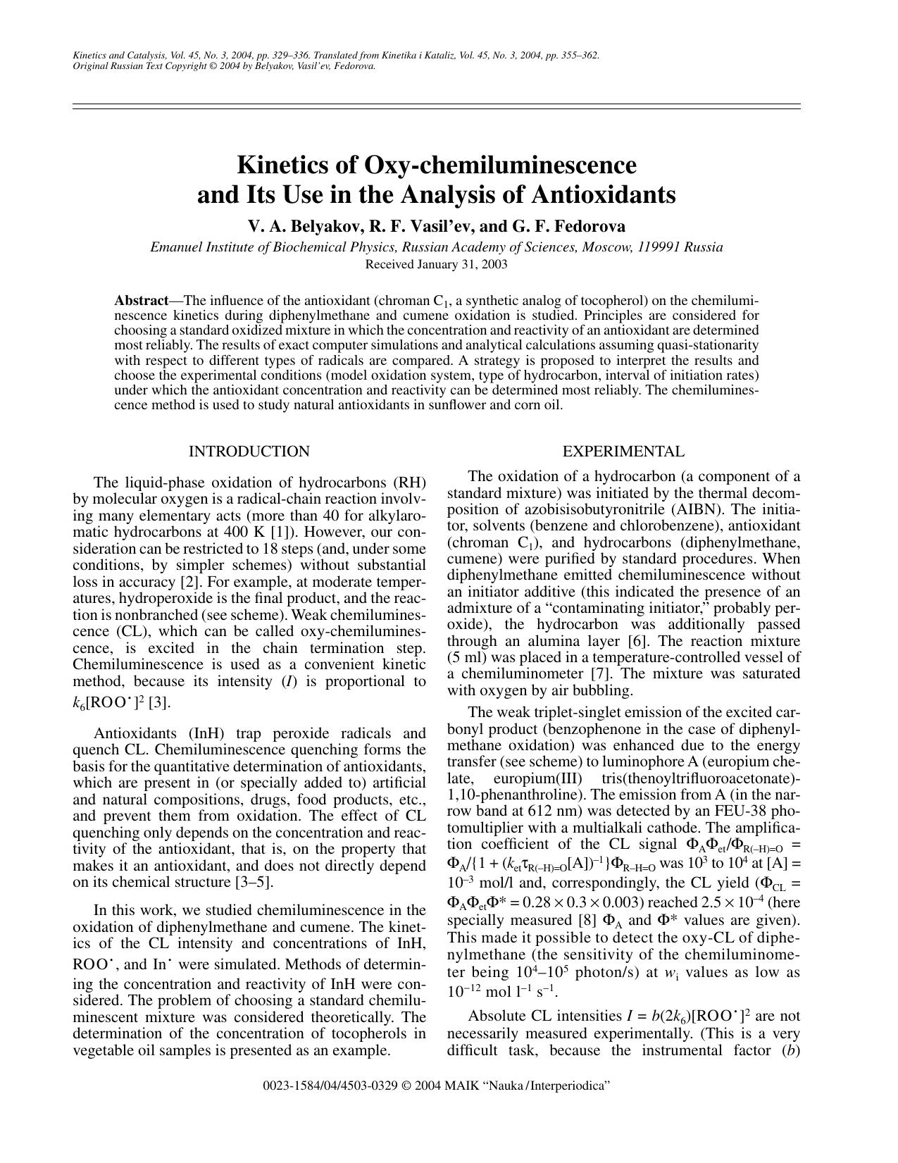 Kinetics of Oxy-chemiluminescence and Its Use in the Analysis of Antioxidants by Unknown