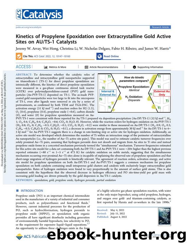 Kinetics of Propylene Epoxidation over Extracrystalline Gold Active Sites on AUTS-1 Catalysts by Jeremy W. Arvay Wei Hong Christina Li W. Nicholas Delgass Fabio H. Ribeiro & James W. Harris