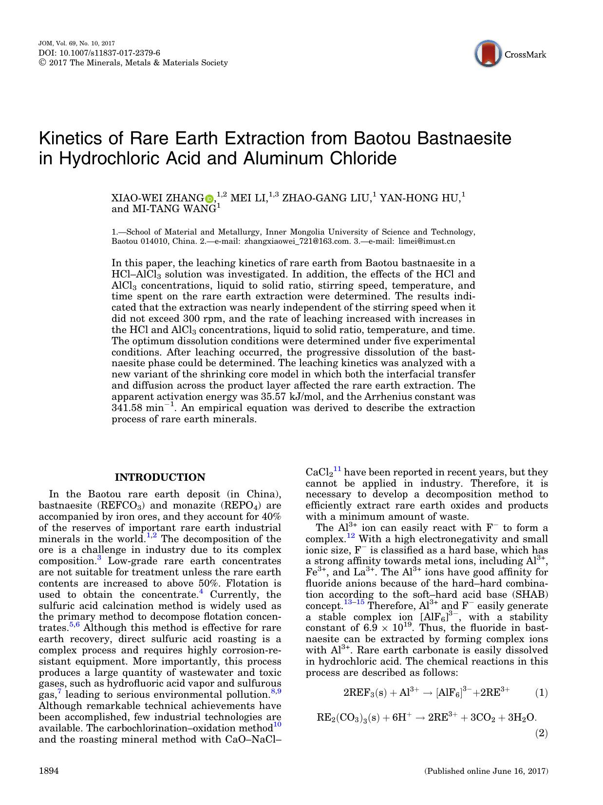 Kinetics of Rare Earth Extraction from Baotou Bastnaesite in Hydrochloric Acid and Aluminum Chloride by Xiao-Wei Zhang & Mei Li & Zhao-Gang Liu & Yan-Hong Hu & Mi-Tang Wang