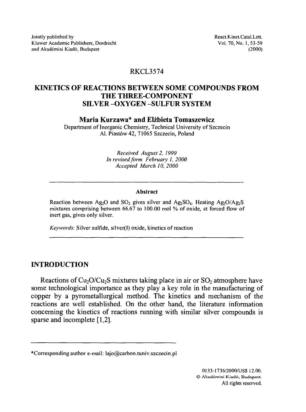 Kinetics of Reactions between Some Compounds from the Three-Component Silver -Oxygen -Sulfur System by Unknown