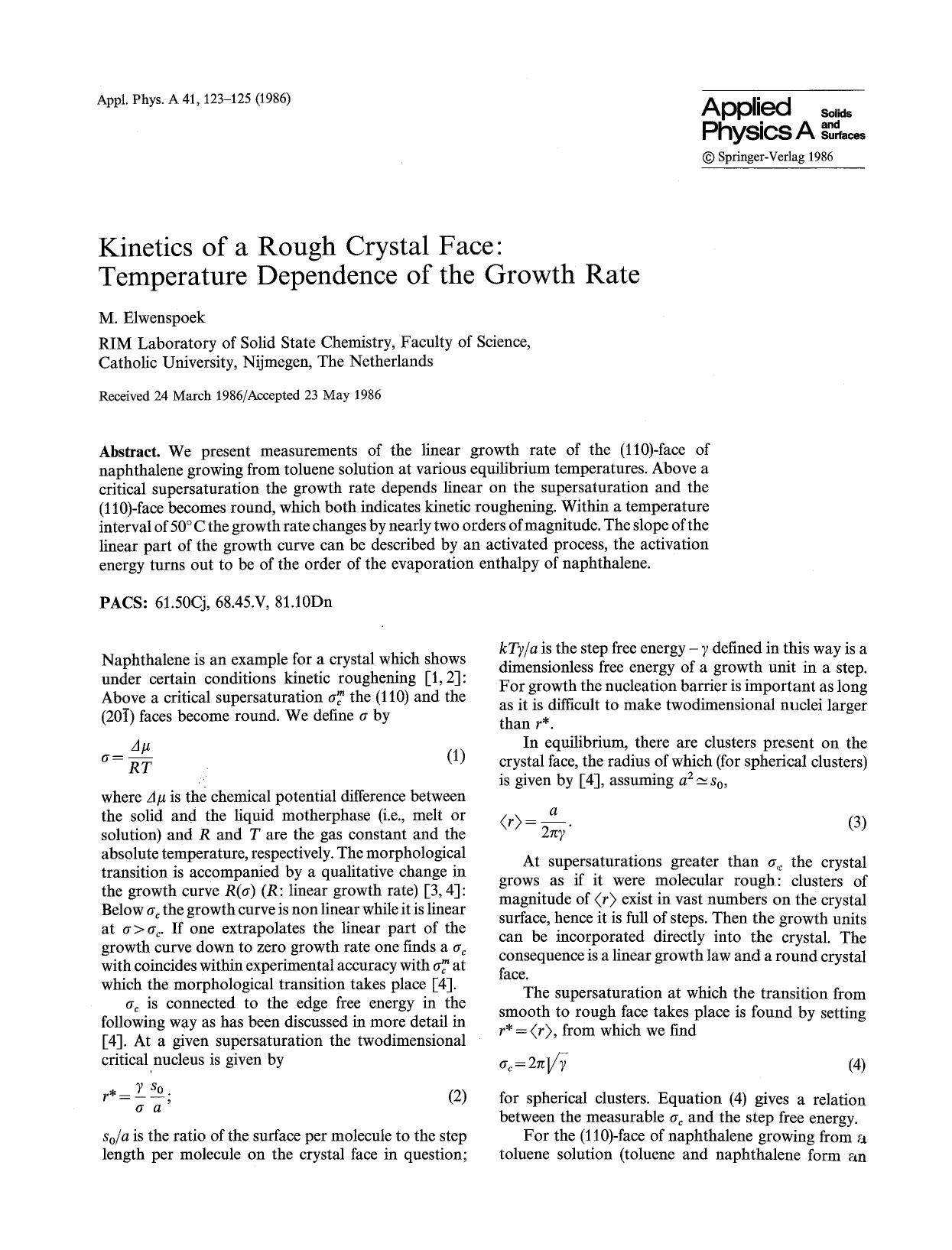 Kinetics of a rough crystal face: Temperature dependence of the growth rate by Unknown