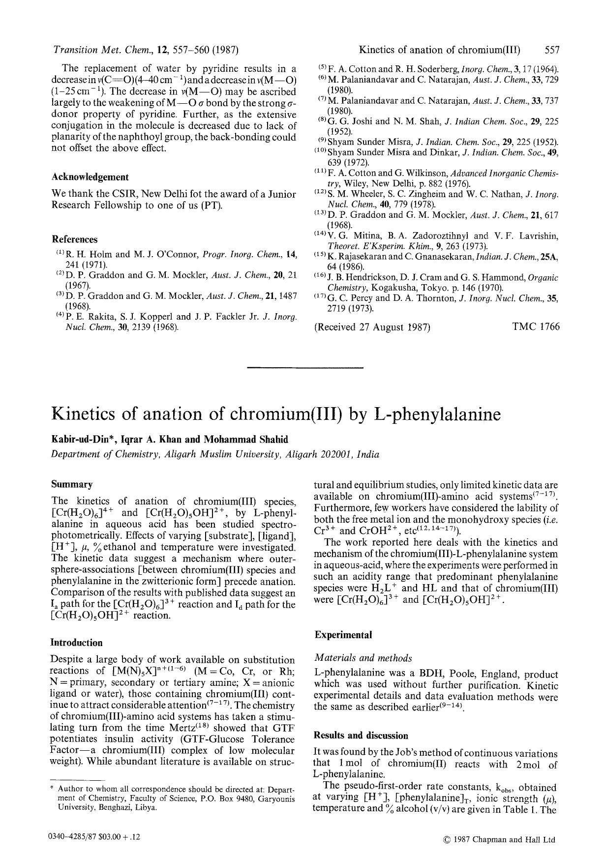 Kinetics of anation of chromium(III) by L-phenylalanine by Unknown