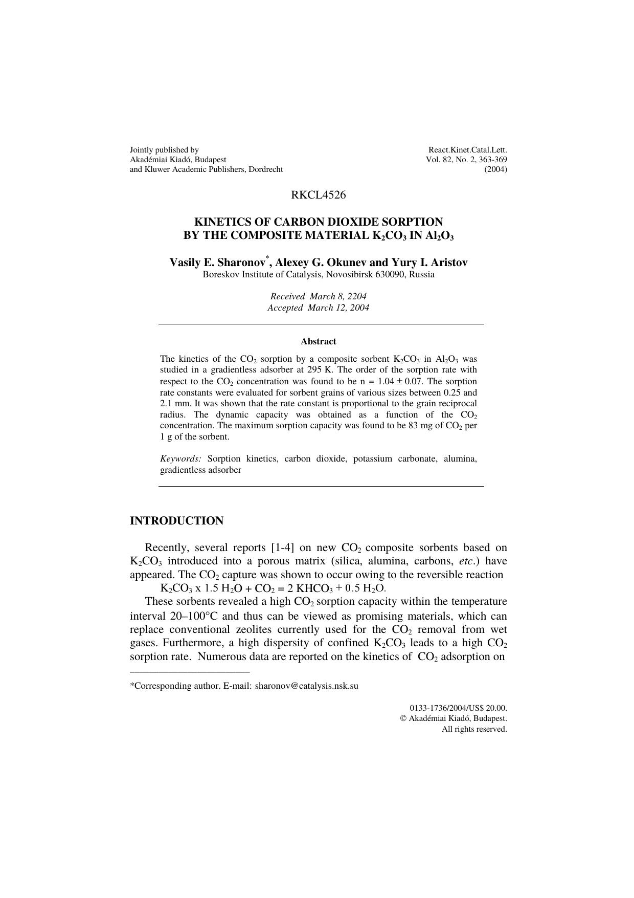 Kinetics of carbon dioxide sorption by the composite material K<Subscript>2<Subscript>CO<Subscript>3<Subscript> in Al<Subscript>2<Subscript>O<Subscript>3<Subscript> by Unknown
