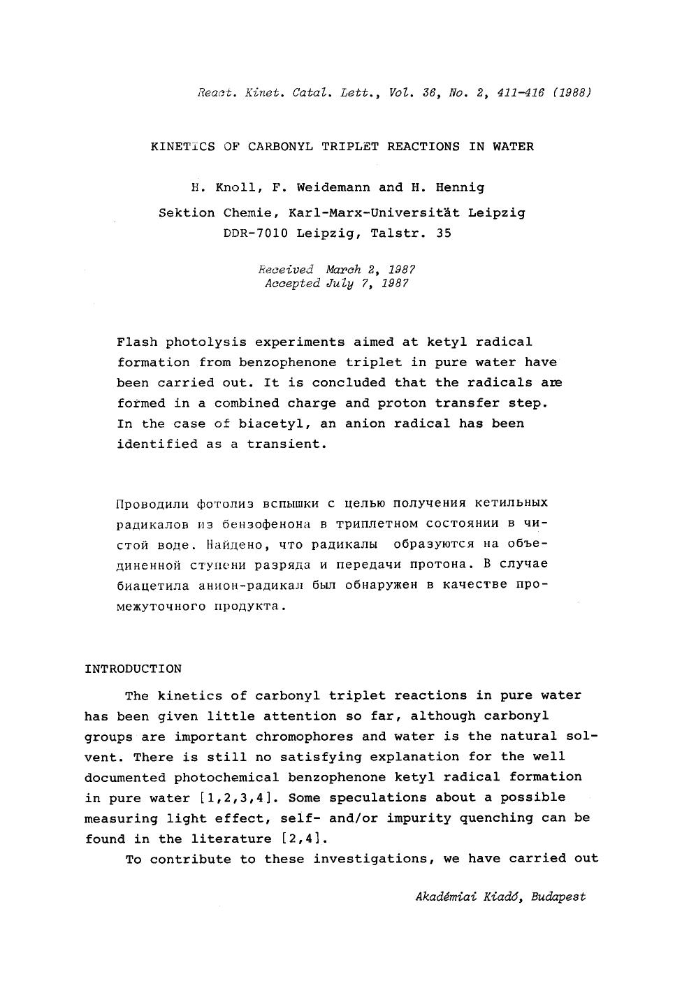 Kinetics of carbonyl triplet reactions in water by Unknown