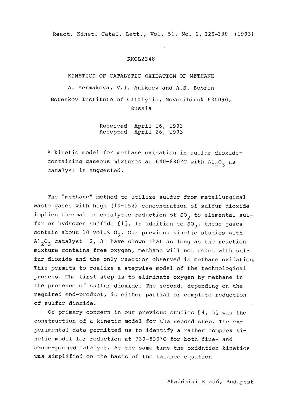 Kinetics of catalytic oxidation of methane by Unknown