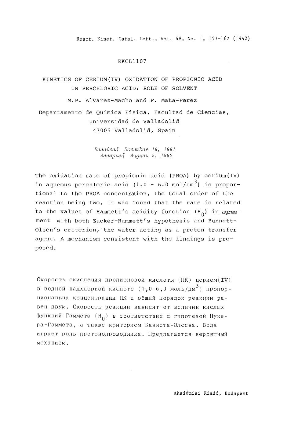 Kinetics of cerium(IV) oxidation of propionic acid in perchloric acid: Role of solvent by Unknown
