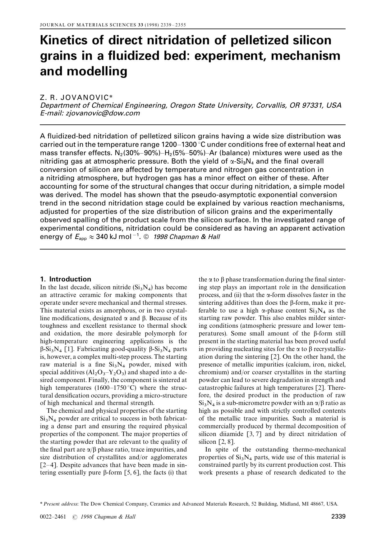 Kinetics of direct nitridation of pelletized silicon grains in a fluidized bed: experiment, mechanism and modelling by Z. R. JOVANOVIC