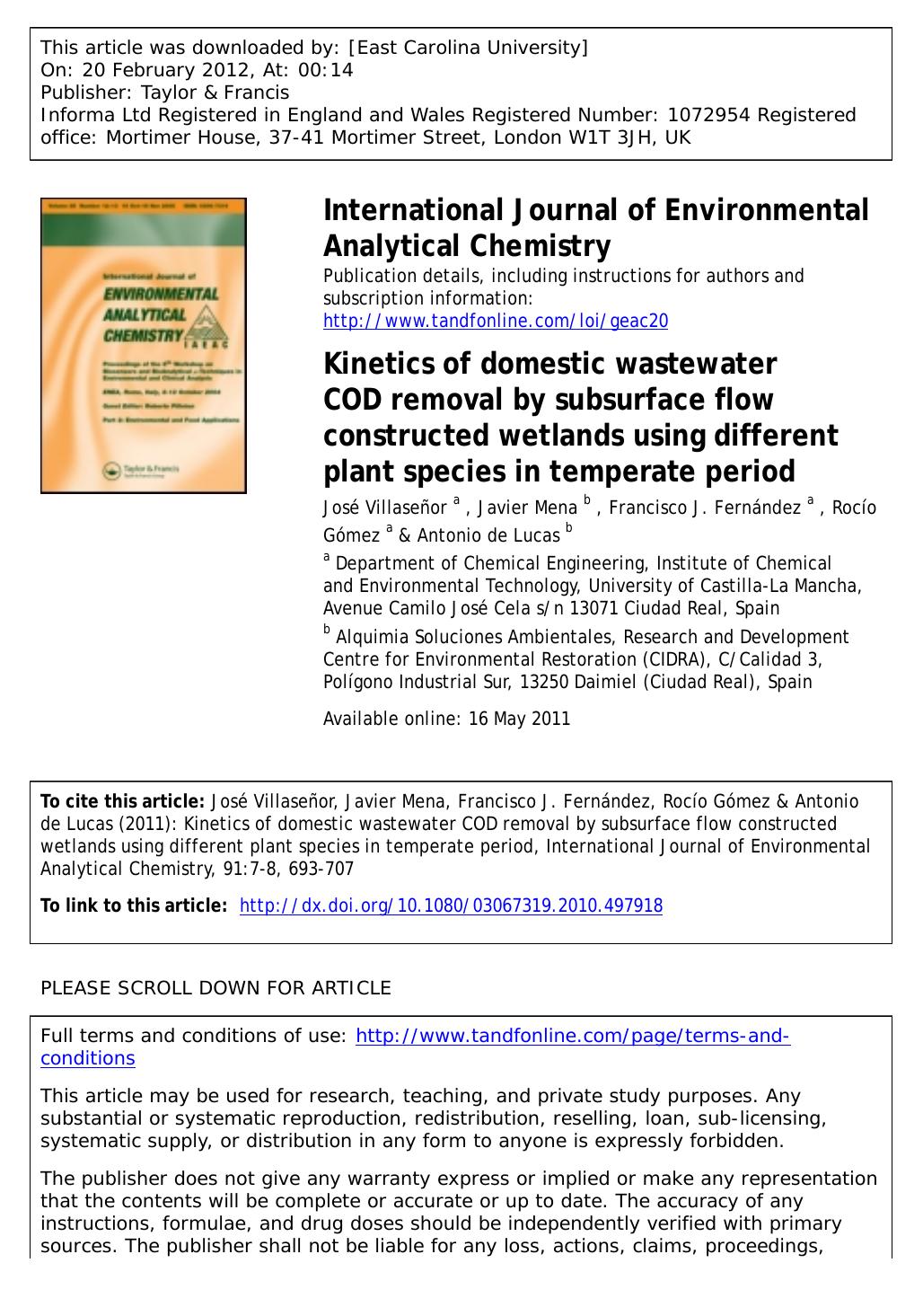 Kinetics of domestic wastewater COD removal by subsurface flow constructed wetlands using different plant species in temperate period by unknow