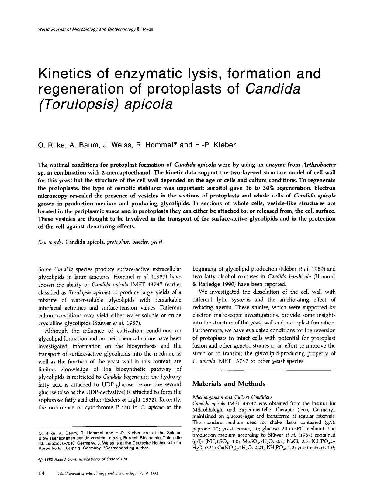 Kinetics of enzymatic lysis, formation and regeneration of protoplasts of <Emphasis Type="Italic">Candida (Torulopsis) apicola <Emphasis> by Unknown