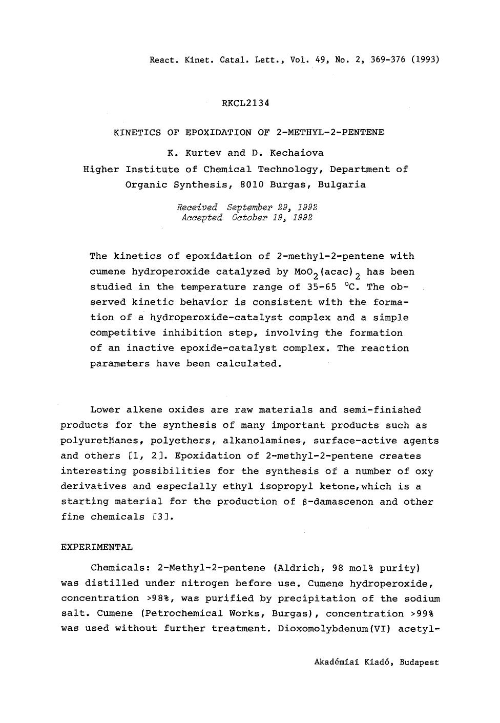Kinetics of epoxidation of 2-methyl-2-pentene by Unknown