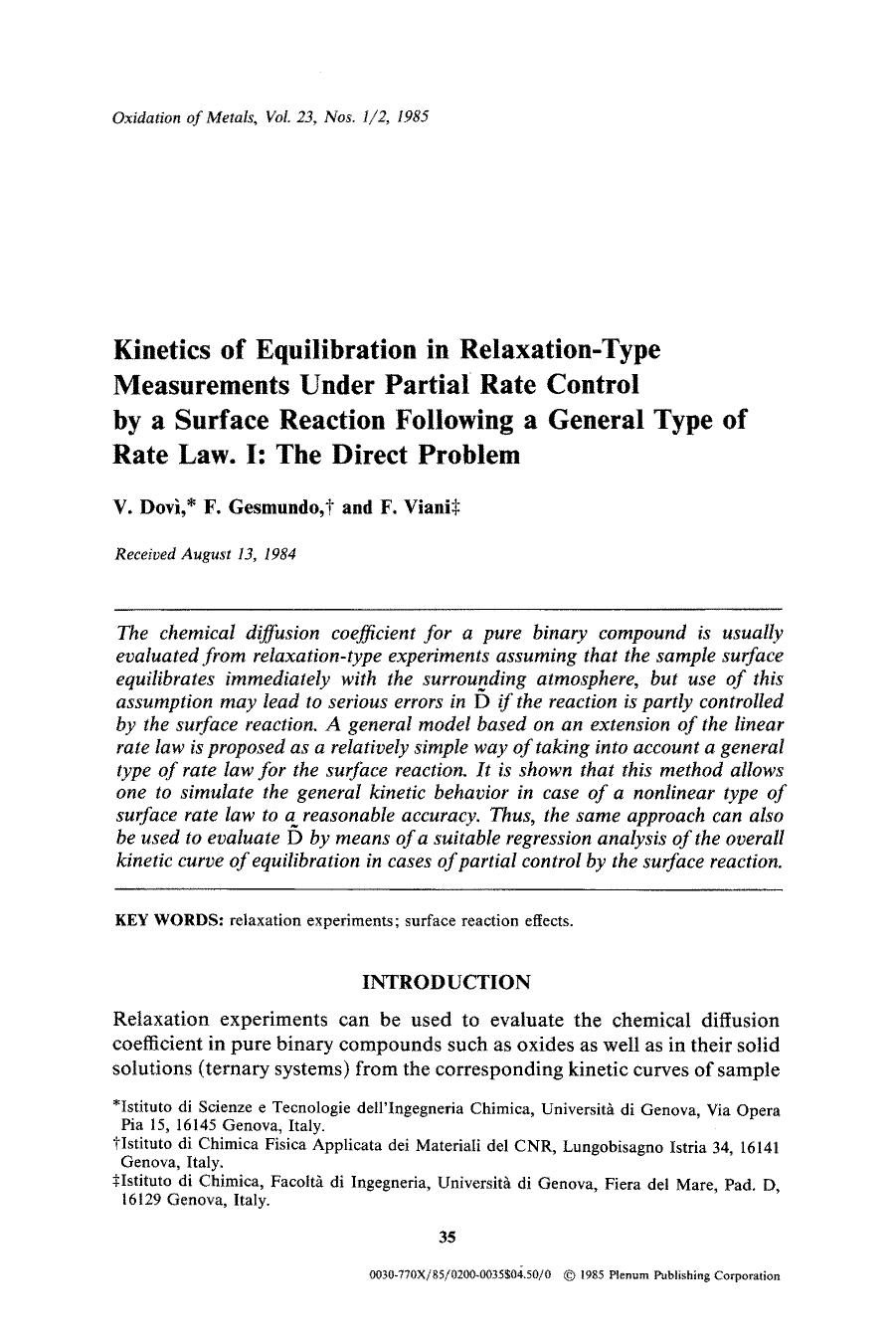 Kinetics of equilibration in relaxation-type measurements under partial rate control by a surface reaction following a general type of rate law. I: The direct problem by Unknown