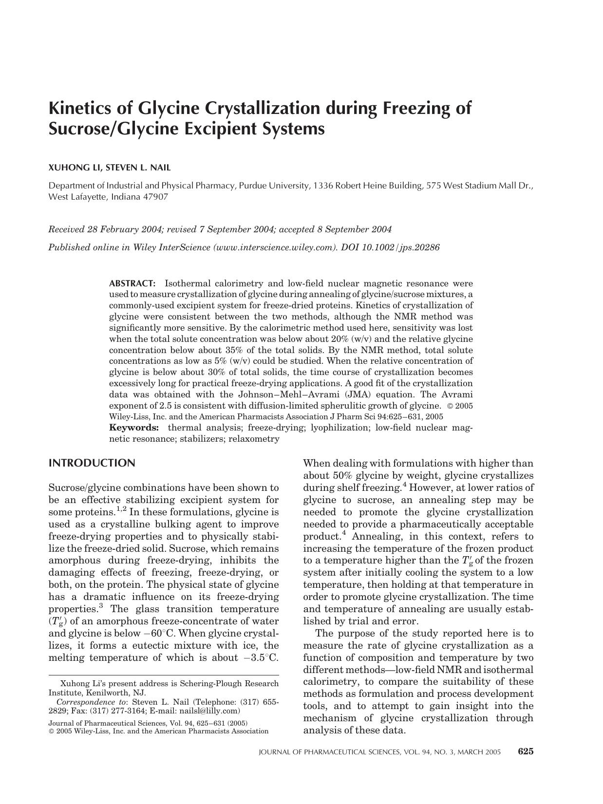 Kinetics of glycine crystallization during freezing of sucroseglycine excipient systems by Unknown