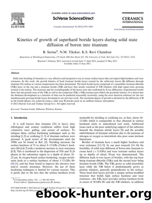 Kinetics of growth of superhard boride layers during solid state diffusion of boron into titanium by B. Sarma & N.M. Tikekar & K.S. Ravi Chandran
