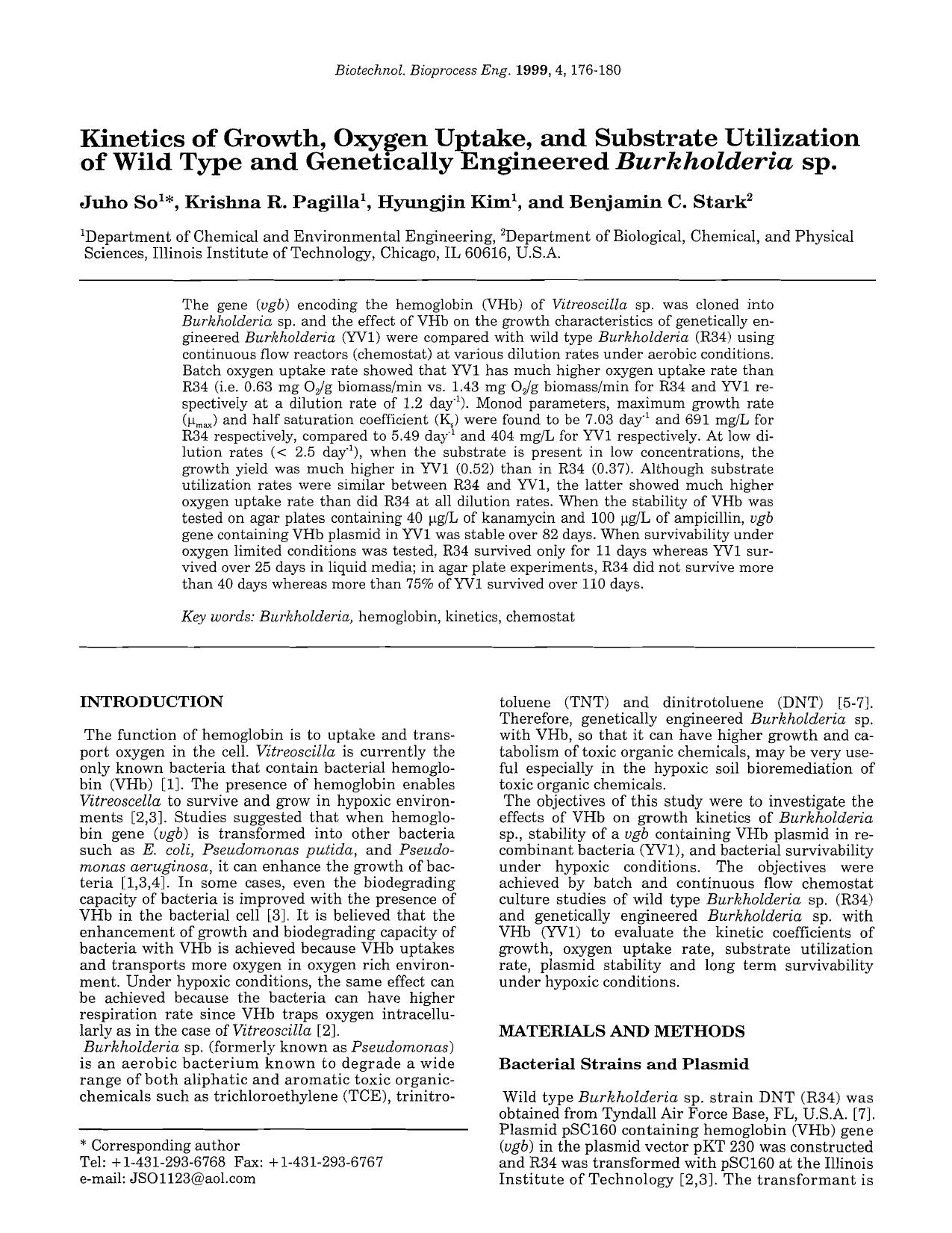 Kinetics of growth, oxygen uptake, and substrate utilization of wild type and genetically engineered <Emphasis Type="Italic">Burkholderia <Emphasis> sp by Unknown