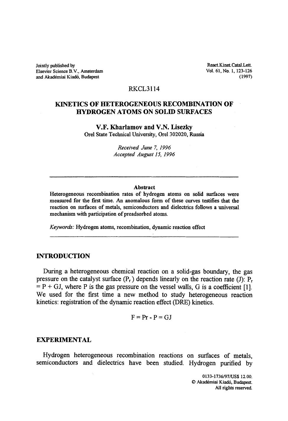 Kinetics of heterogeneous recombination of hydrogen atoms on solid surfaces by Unknown