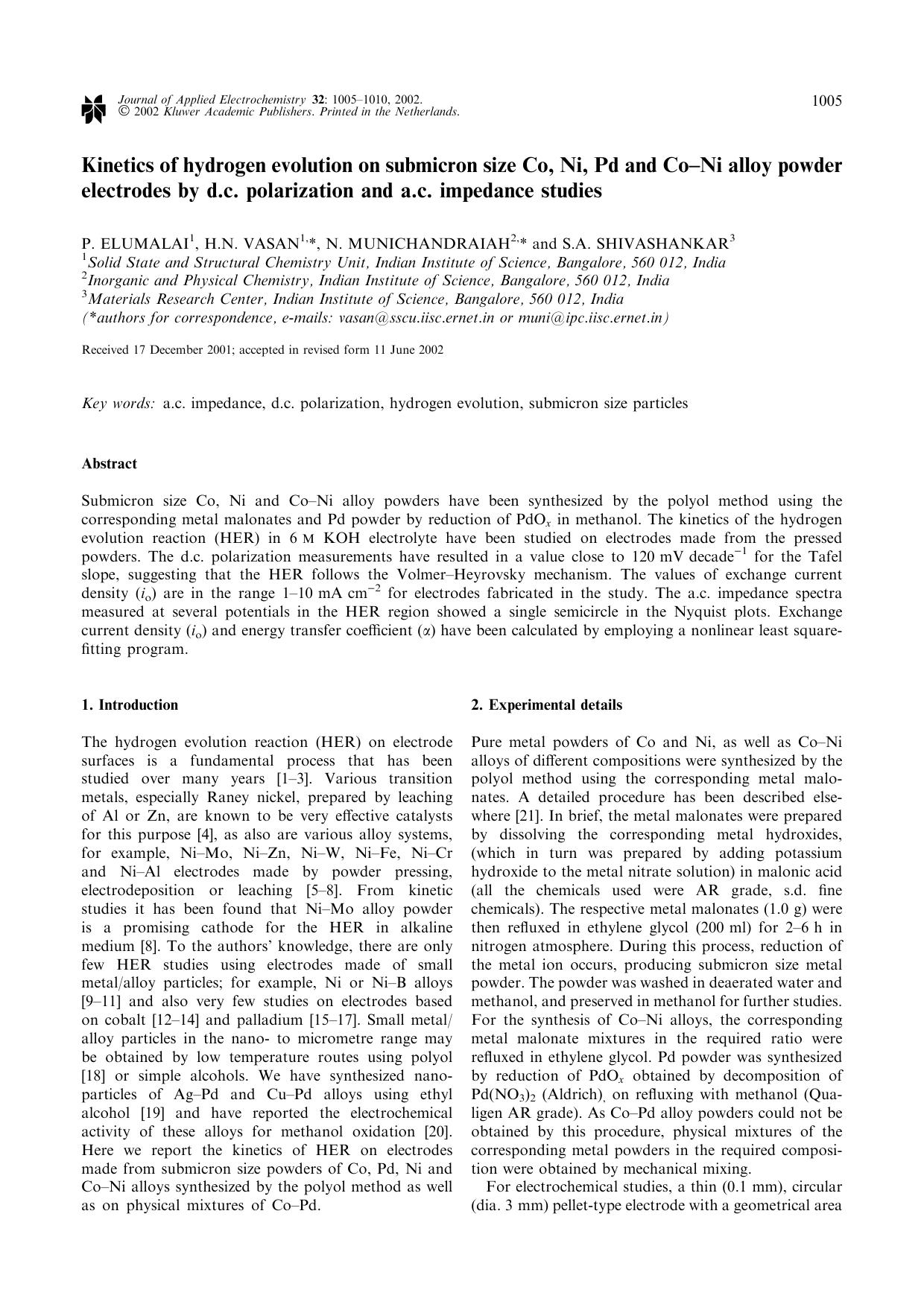 Kinetics of hydrogen evolution on submicron size Co, Ni, Pd and Co–Ni alloy powder electrodes by d.c. polarization and a.c. impedance studies by Unknown