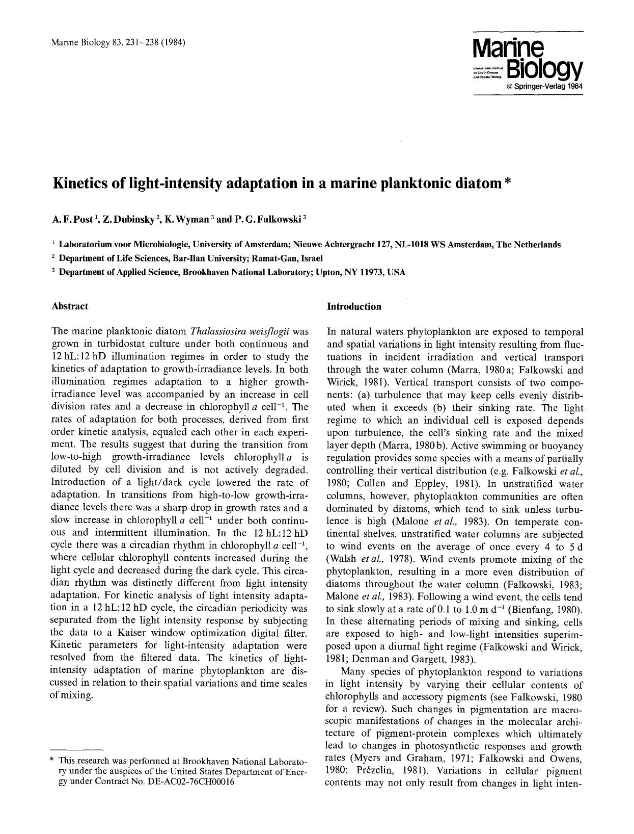 Kinetics of light-intensity adaptation in a marine planktonic diatom by Unknown