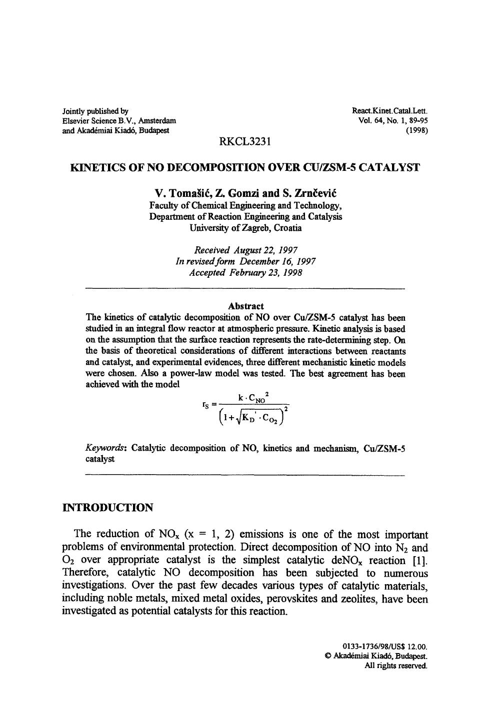Kinetics of no decomposition over CuZSM-5 catalyst by Unknown