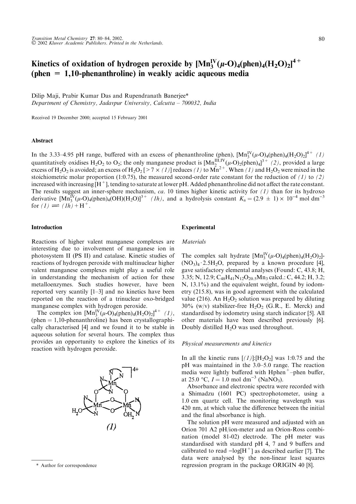 Kinetics of oxidation of hydrogen peroxide by [Mn<Subscript>3<Subscript><Superscript>IV<Superscript>(&#x03BC;-O)<Subscript>4<Subscript>(phen)<Subscript>4<Subscript>(H<Subscript>2<S by Unknown