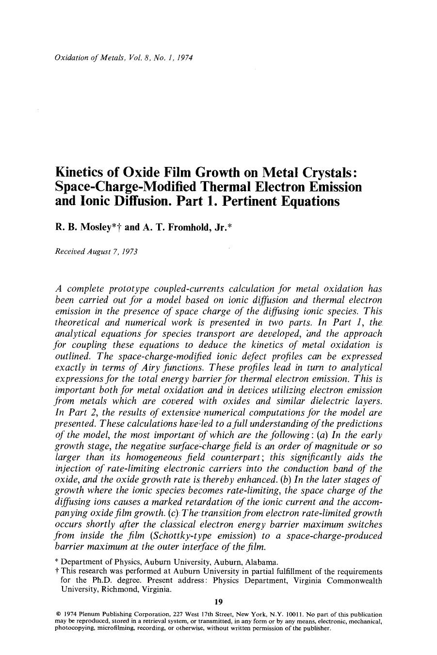 Kinetics of oxide film growth on metal crystals: Space-charge-modified thermal electron emission and ionic diffusion. Part 1. Pertinent equations by Unknown