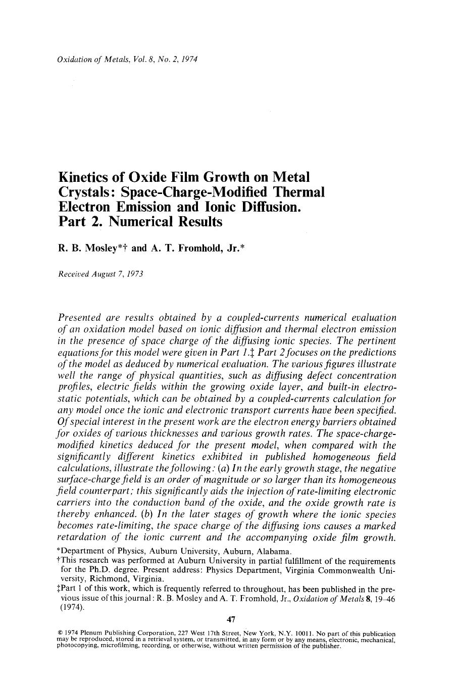 Kinetics of oxide film growth on metal crystals: Space-charge-modified thermal electron emission and ionic diffusion. Part 2. Numerical results by Unknown
