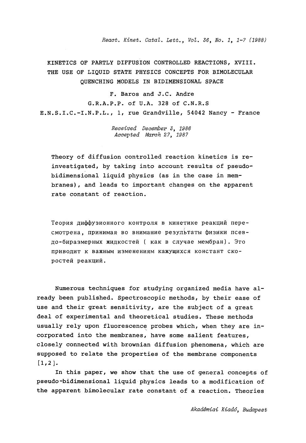 Kinetics of partly diffusion controlled reactions, XVIII. The use of liquid state physics concepts for bimolecular quenching models in bidimensional space by Unknown