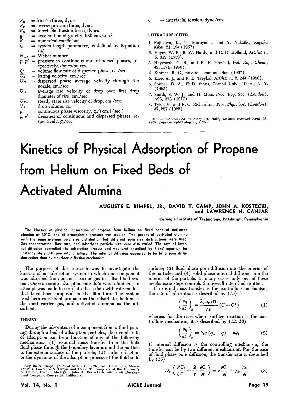 Kinetics of physical adsorption of propane from helium on fixed beds of activated alumina by Unknown
