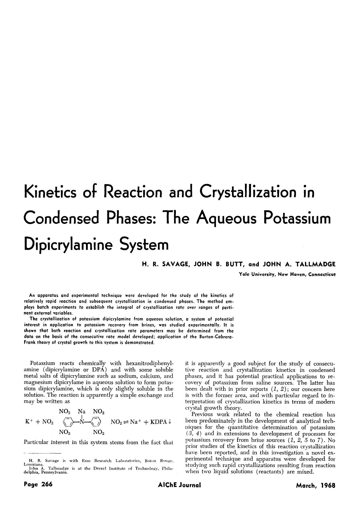 Kinetics of reaction and crystallization in condensed phases: The aqueous potassium dipicrylamine system by Unknown