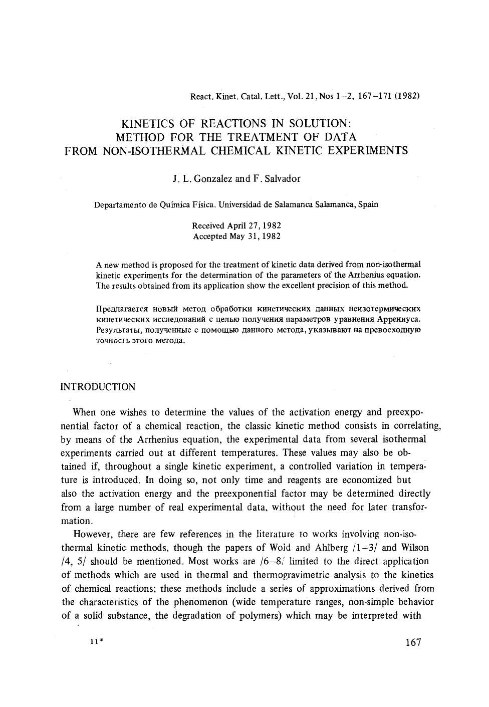 Kinetics of reactions in solution: Method for the treatment of data from non-isothermal chemical kinetic experiments by Unknown